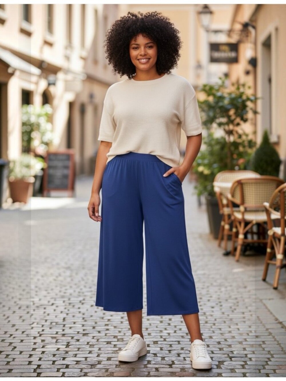 Kaari Curvy Women Culotte Pants Sz 1X Navy Blue Elastic Waist High Rise Stretch